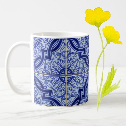 Blue and White Mediterranean Ceramic Tile Pattern  Coffee Mug