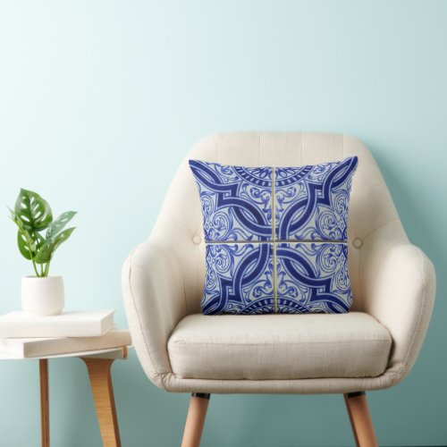 Blue and White Mediterranean Ceramic Tile Pattern Throw Pillow