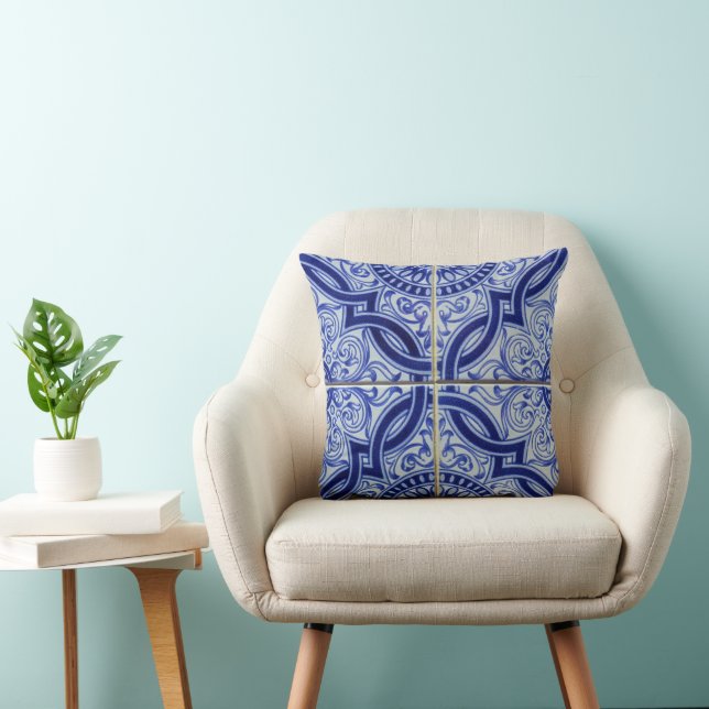 Blue and White Mediterranean Ceramic Tile Pattern Throw Pillow (Chair)