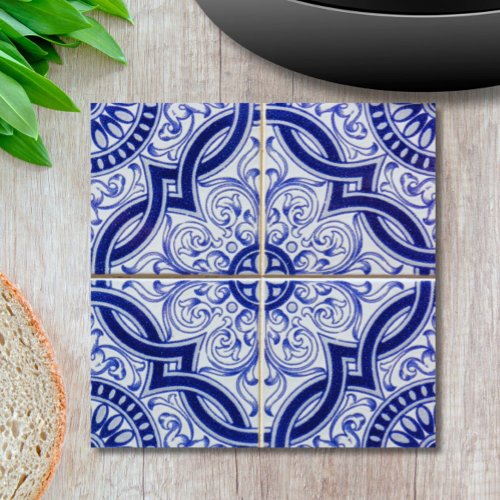 Blue and White Mediterranean Ceramic Tile Pattern Trivet