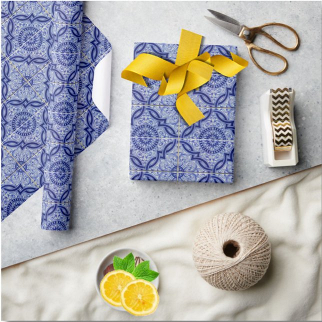 Blue and White Mediterranean Ceramic Tile Pattern Wrapping Paper (Liven up your gift game with this pretty blue + white Mediterranean tile pattern wrapping paper! )