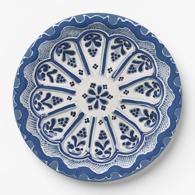 Blue and White Mediterranean Floral Faux China Paper Plates (Front)