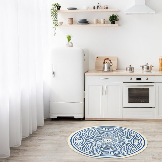Blue and White Mediterranean Greek Key Monogram Rug (Creator Uploaded)