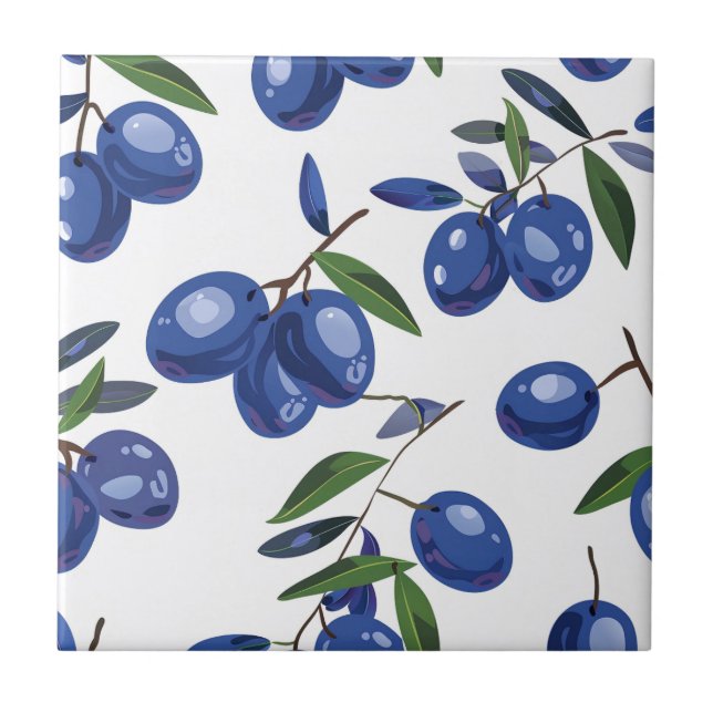 Blue and white Mediterranean Olives  Ceramic Tile (Front)