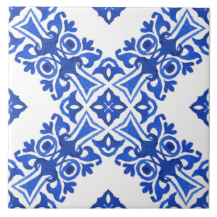 Blue and White Mediterranean Patterned Ceramic Tile