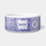 Blue and White Mediterranean Tile Custom Pet Name<br><div class="desc">"personalized custom pet name",  "dog cat feeding bowl",  "blue and white",  "authentic mediterranean ceramic tile",  "traditional spanish painted painting",  "square tiled floral abstract tiles",  "vintage antique customized bowl",   "personal puppy kitten feed dish",  "italian sicilian portuguese style",  "stylish folk flower art"</div>