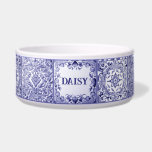 Blue and White Mediterranean Tile Custom Pet Name Bowl<br><div class="desc">"personalized custom pet name",  "dog cat feeding bowl",  "blue and white",  "authentic mediterranean ceramic tile",  "traditional spanish painted painting",  "square tiled floral abstract tiles",  "vintage antique customized bowl",   "personal puppy kitten feed dish",  "italian sicilian portuguese style",  "stylish folk flower art"</div>