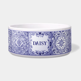 Blue and White Mediterranean Tile Custom Pet Name Bowl
