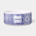 Blue and White Mediterranean Tile Custom Pet Name Bowl<br><div class="desc">"personalized custom pet name",  "dog cat feeding bowl",  "blue and white",  "authentic mediterranean ceramic tile",  "traditional spanish painted painting",  "square tiled floral abstract tiles",  "vintage antique customized bowl",   "personal puppy kitten feed dish",  "italian sicilian portuguese style",  "stylish folk flower art"</div>