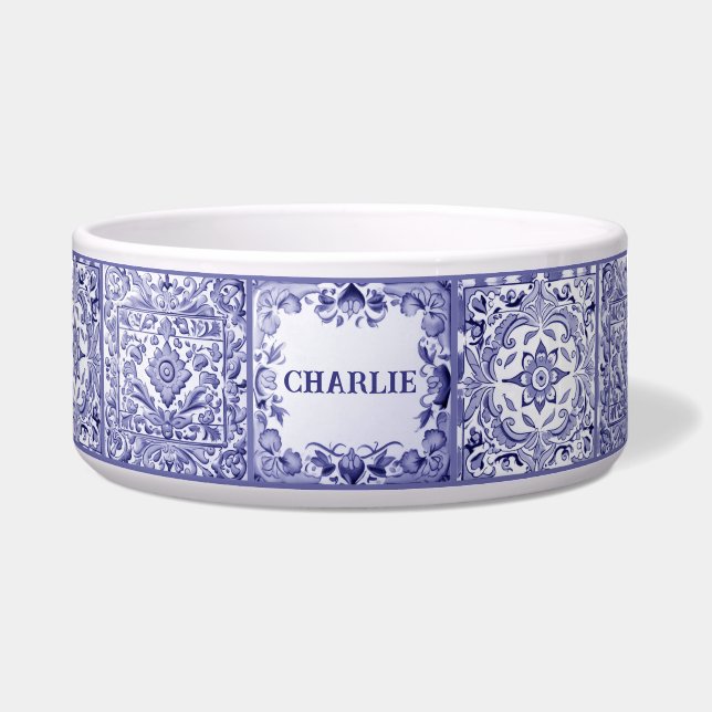 Blue and White Mediterranean Tile Custom Pet Name Bowl (Front)