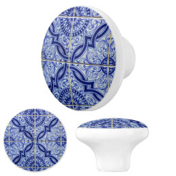 Blue and White Mediterranean Tile Pattern Elegant Ceramic Knob