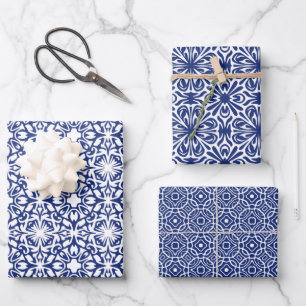 Blue and White Mediterranean Tile Pattern Wrapping Paper Sheets