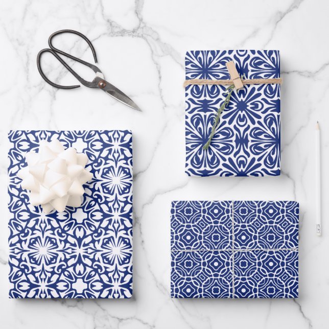 Blue and White Mediterranean Tile Pattern Wrapping Paper Sheets (Front)