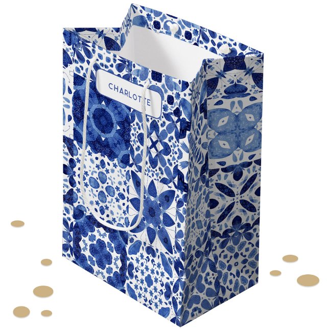 Blue and White Mediterranean Tile Personalized Medium Gift Bag (Mediterranean blue and white tile pattern personalized name gift bag)