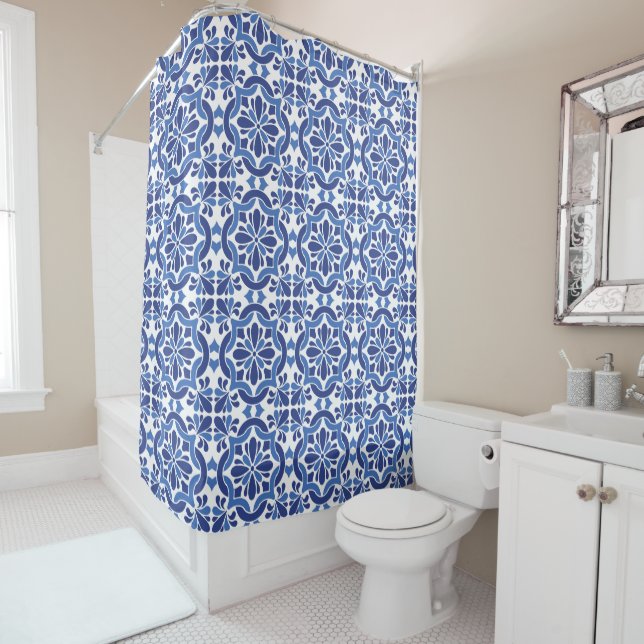 Blue and White Mediterranean Tiles Shower Curtain (In Situ)