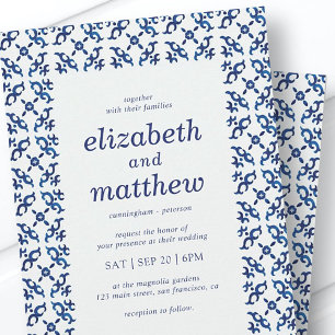 Blue and White Mediterranean Tiles Wedding Invitation
