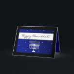 Blue and White Menorah Snow Happy Hanukkah Cards<br><div class="desc">Add your imprinted name or business and personalized message to this elegant contemporary hanukkah card.  Blue and white design with lit menorah with white falling snow on an elegant blue background with white ribbon and black frame. Customize the interior with your information.  No Minimum Order!</div>