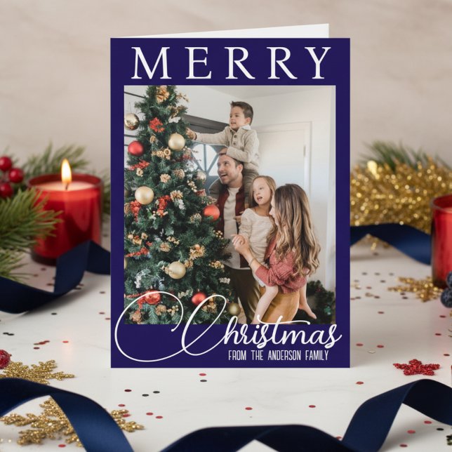 Blue And White Merry Christmas Family Photo Holiday Card (Blue And White Merry Christmas Family Photo Holiday Card)