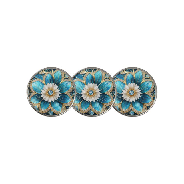 Blue and White Metal and Jewels Flower Golf Ball Marker (3 Up)