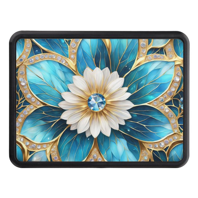 Blue and White Metal and Jewels Flower Hitch Cover (Front)
