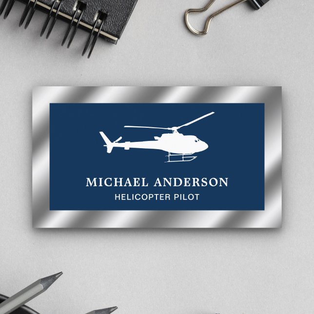 Blue and White Metallic Steel Helicopter Pilot Business Card (Creator Uploaded)