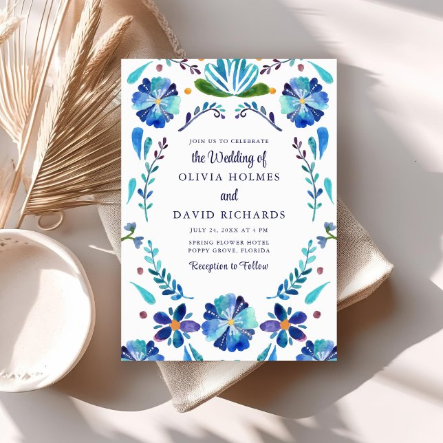 Blue and White Mexican Floral Fiesta Wedding Invitation (Blue and White Mexican Floral Fiesta Wedding Invitation on a boho table.)