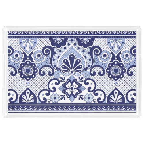 Blue and White Mexican Talavera Folk Art Tile Acrylic Tray