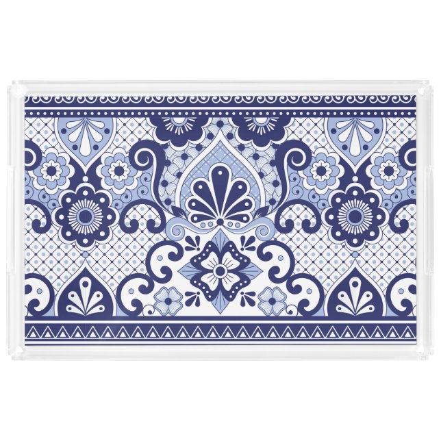 Blue and White Mexican Talavera Folk Art Tile Acrylic Tray (Front)