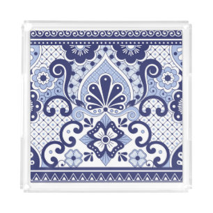 Blue and White Mexican Talavera Folk Art Tile Acrylic Tray