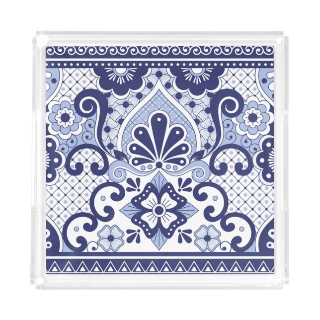 Blue and White Mexican Talavera Folk Art Tile Acrylic Tray (Front)