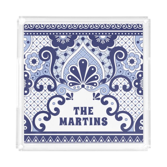 Blue and White Mexican Talavera Folk Art Tile Acrylic Tray (Front)