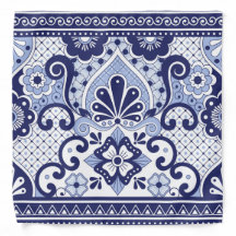Blue and White Mexican Talavera Folk Art Tile Bandana