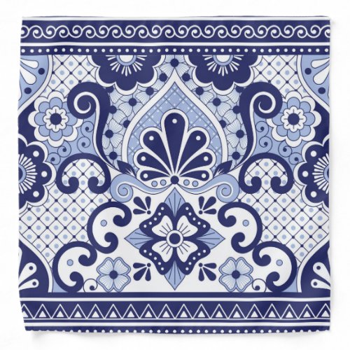 Blue and White Mexican Talavera Folk Art Tile Bandana