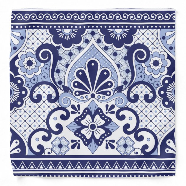 Blue and White Mexican Talavera Folk Art Tile Bandana Zazzle