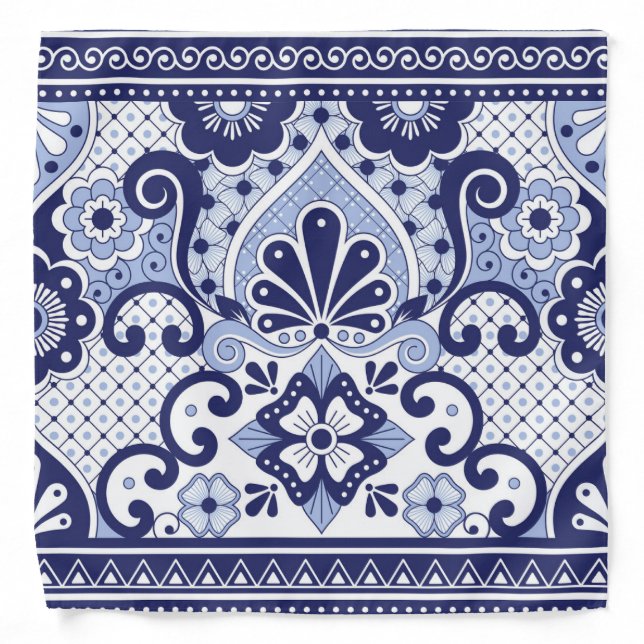Blue and White Mexican Talavera Folk Art Tile Bandana (Front)