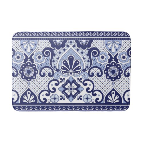 Blue and White Mexican Talavera Folk Art Tile Bath Mat