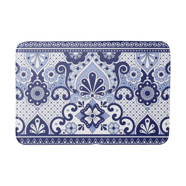 Blue and White Mexican Talavera Folk Art Tile Bath Mat (Front)
