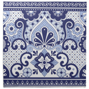 Blue and White Mexican Talavera Folk Art Tile Cloth Napkin