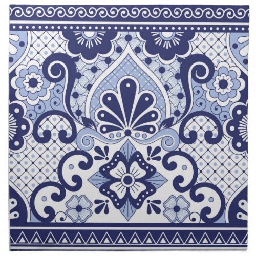 Blue and White Mexican Talavera Folk Art Tile Cloth Napkin