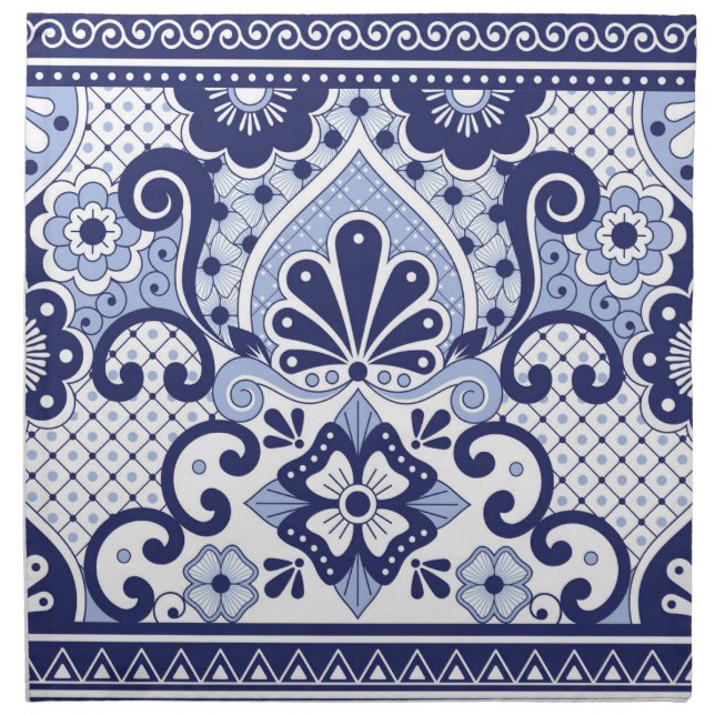 Blue and White Mexican Talavera Folk Art Tile Cloth Napkin (Front)