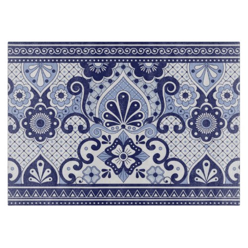 Blue and White Mexican Talavera Folk Art Tile Cutting Board