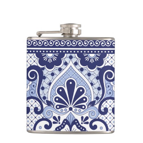 Blue and White Mexican Talavera Folk Art Tile Flask