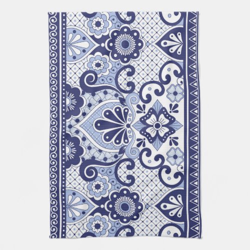 Blue and White Mexican Talavera Folk Art Tile Kitchen Towel