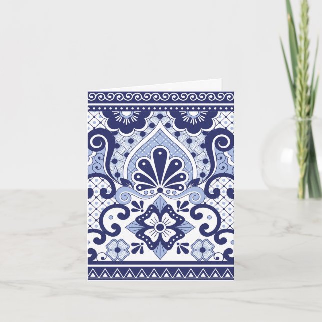 Blue and White Mexican Talavera Folk Art Tile Note Card (Front)