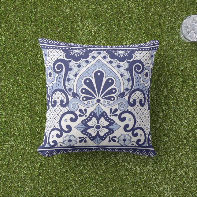 Blue and White Mexican Talavera Folk Art Tile Outdoor Pillow Zazzle