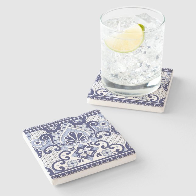 Blue and White Mexican Talavera Folk Art Tile  Stone Coaster (Side)