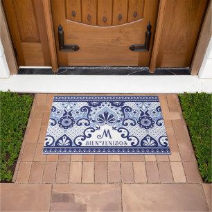 Blue and White Mexican Tile Monogram Bienvenidos Doormat
