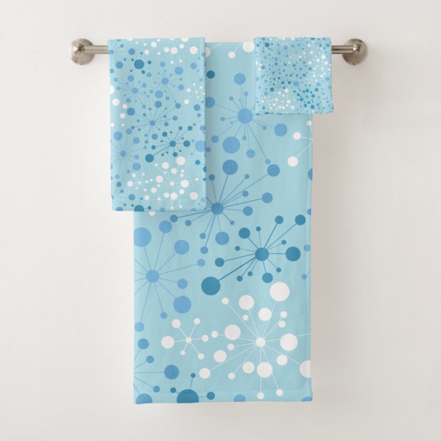 Blue And White Mid-Century Retro Modern Starbursts Bath Towel Set (Insitu)