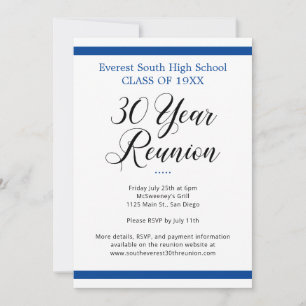 Blue and White Minimalist 30 Year Class Reunion Invitation