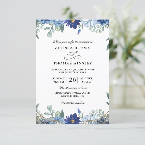 Blue And White Minimalist Budget Qr Code Wedding Invitation